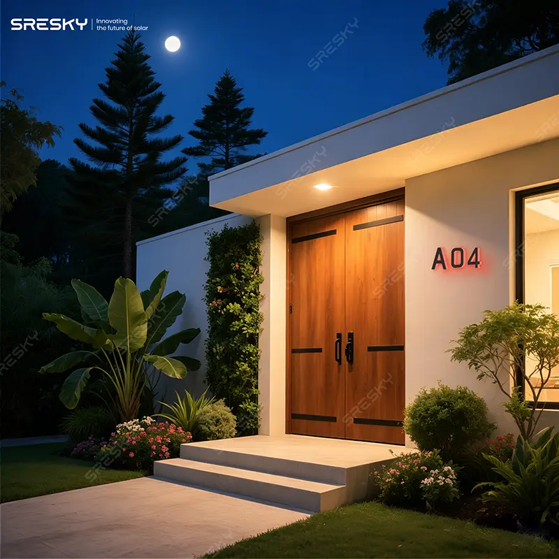 Renderização da luz vermelha proveniente de letras e números luminosos solares.